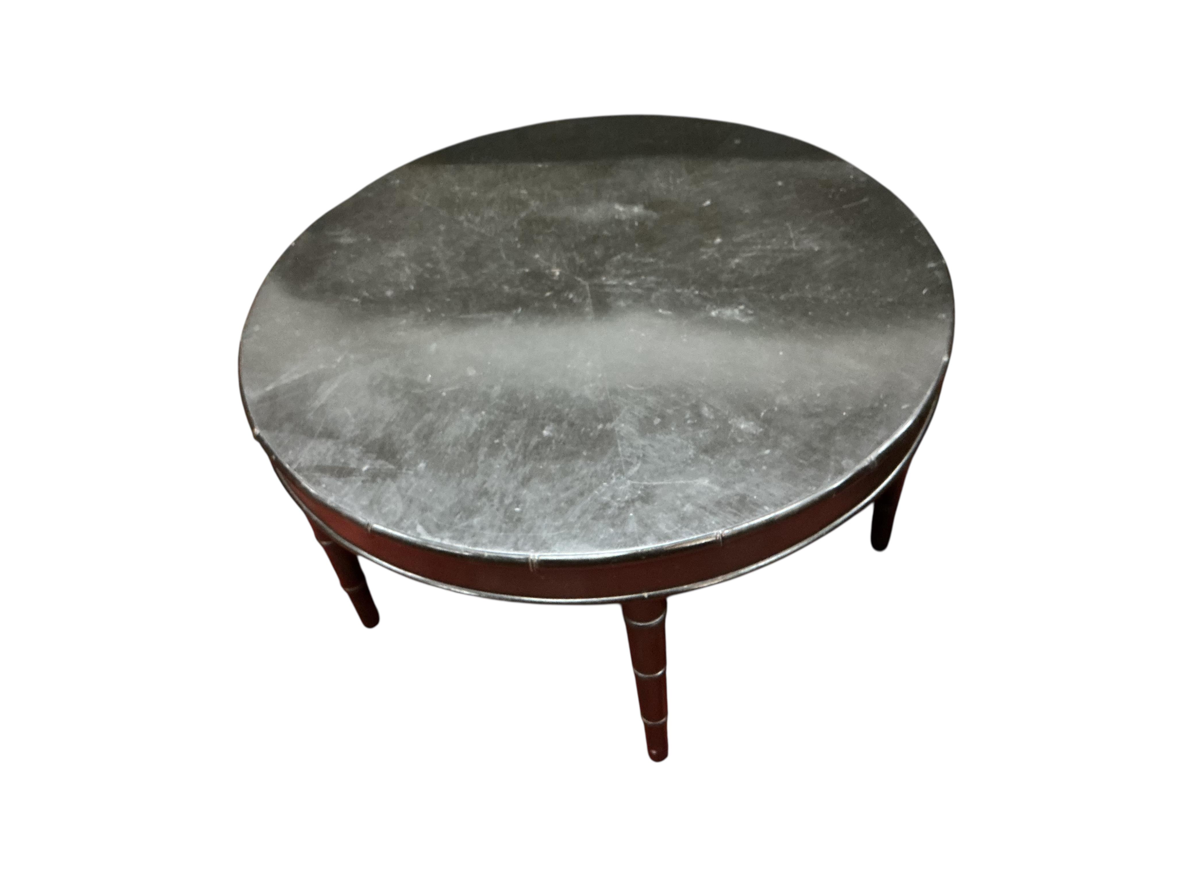 A pair of Regency style painted faux bamboo chairs, width 46cm, depth 45cm, height 90cm together with a similar circular coffee table